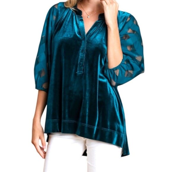 Umgee Tops - Umgee Teal Velvet V-Neck Small Sheer Puff Sleeve Top Great for the Holidays